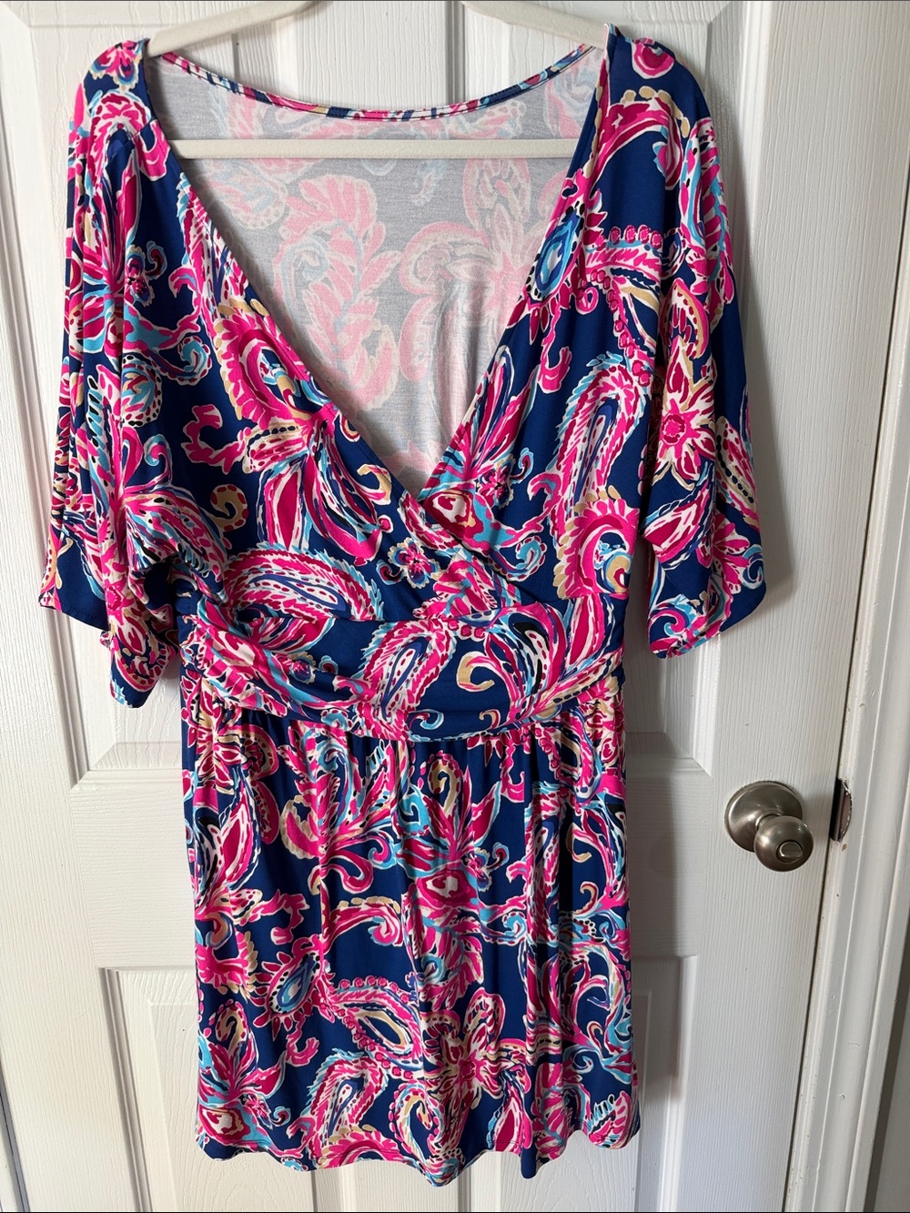 Navy Pink Paisley Wrap-Style Dress Romper - Picture 2 of 5